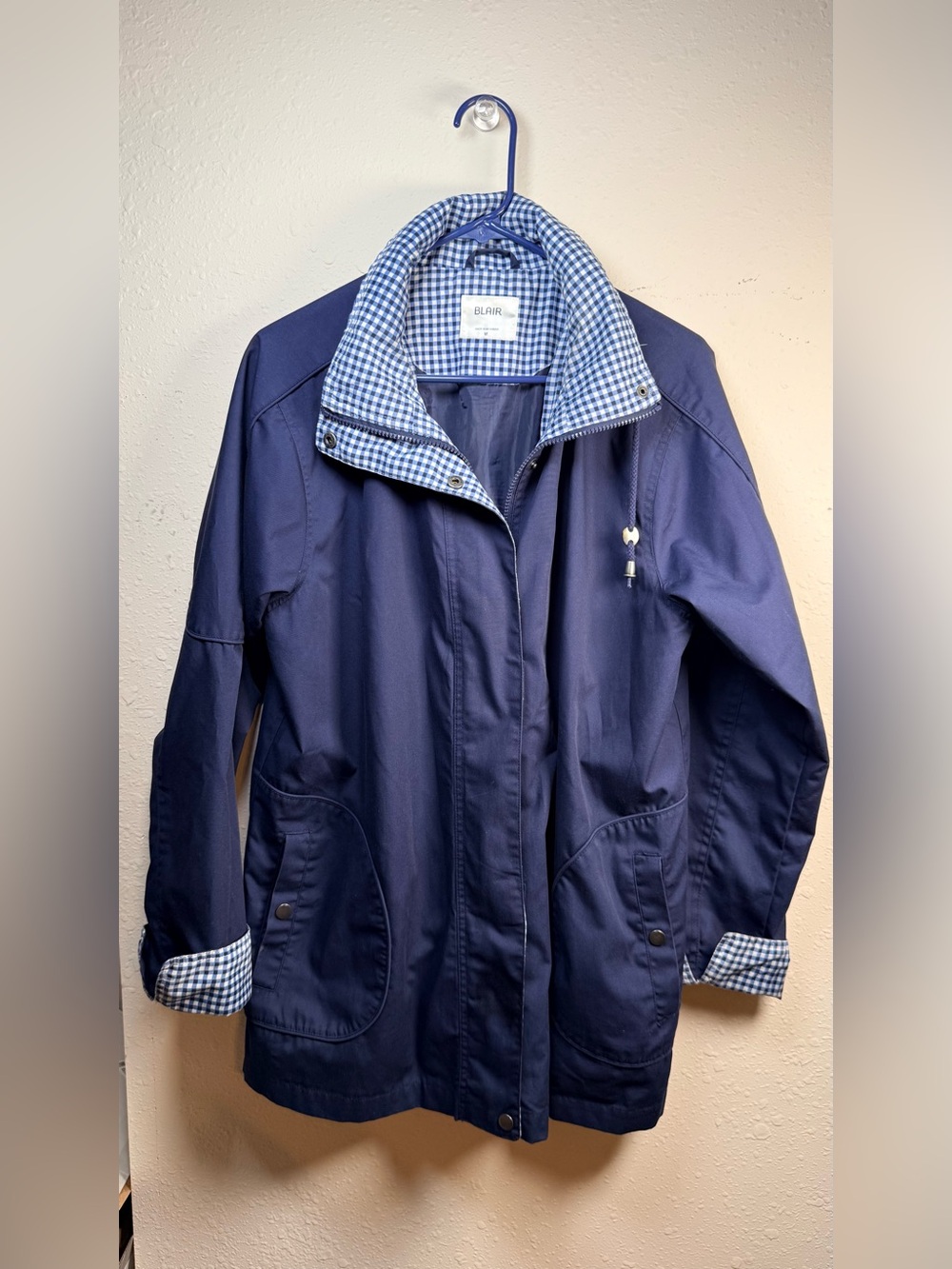 Blair Navy Blue Hooded Utility Rain Jacket Gingham Trim Coat - Picture 2 of 11
